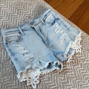 Mudd Light Wash Denim Shorts with White Lace Trim pockets